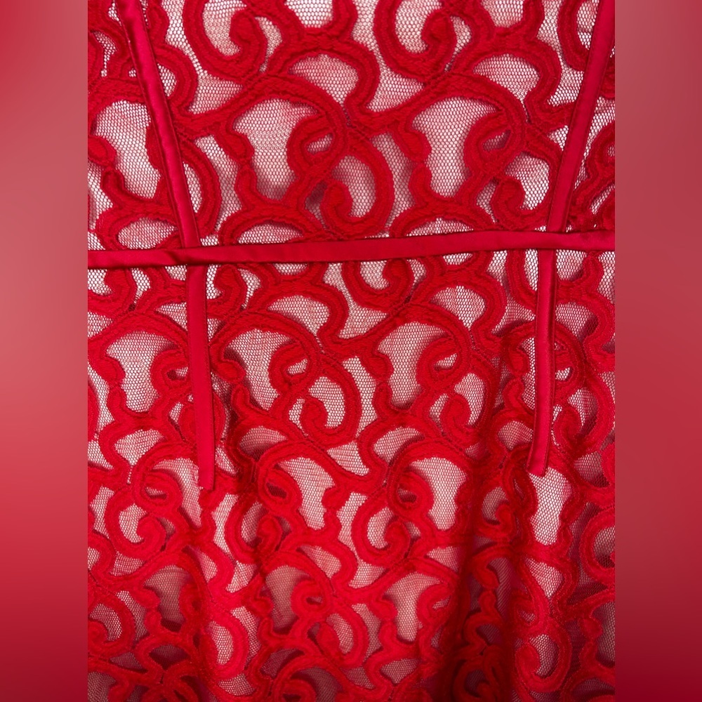 Womens Adrianna Papell Red Nylon Geometric Designer Cap Sleeve Midi Dress 14 - Picture 5 of 6